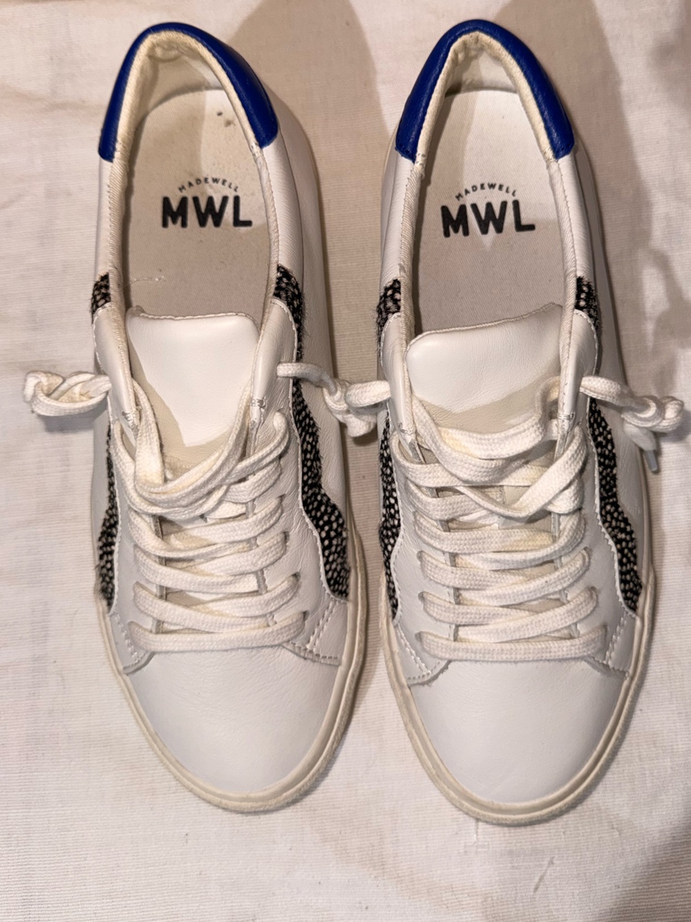 Madewell White Leather Sneakers with Blue Heel and Black Side Detail